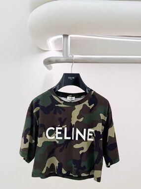 🚩steal Celine Green Camo Short-Sleeve Tee with White Logo